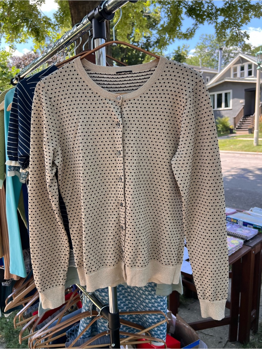 Classic Women's Crewneck Cardigan Sweater - Beige with Black Dot Pattern